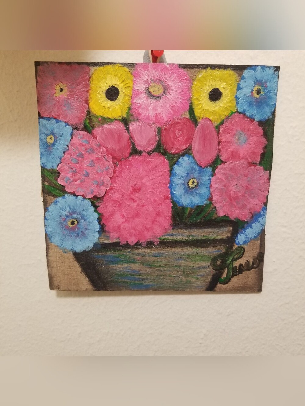 Small Hand-Painted Pink, Blue, & Yellow Floral Canvas Wall Art